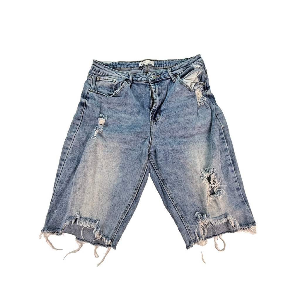 Almost Famous Womens Distressed Denim Shorts Size 13 Raw Hem Light Wash